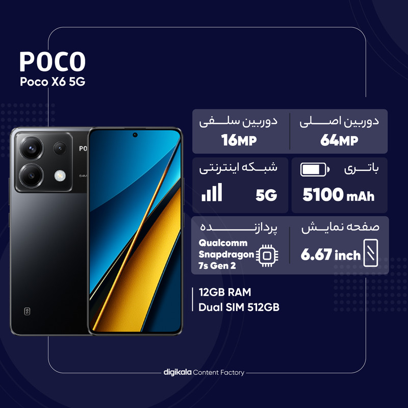  گوشی موبایل شیائومی مدل Poco X6 5G دو سیم کارت ظرفیت 256 گیگابایت و رم 12 گیگابایت