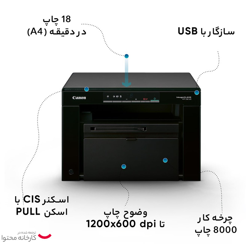  پرینتر کانن تک رنگ سه کاره با چاپ لیزری مدل i-SENSYS MF3010، سایز چاپ A4، قابلیت چاپ با سرعت و کیفیت نسبتا زیاد، امکان پرینت متوالی بدون مشکل